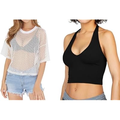 See Through Fishnet T-Shirt Crop Top & V Neck Cropped Tank Tops Halter Tops Small Size