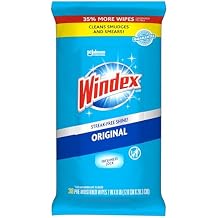 Windex Wipes Glass Cleaning, Pre-Moistened Glass and Surface Wipes to Clean Home Surfaces, Household Essentials, Original Scent, 38 Count (Pack of 1)