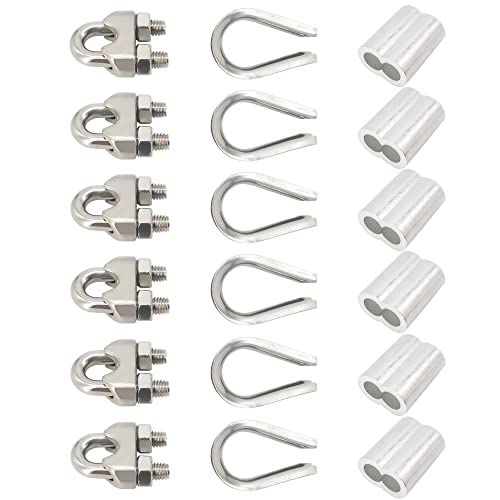 Wire Rope Accessory Set 304 Stainless Steel M6 Wire Rope Cable Clamps Stainless Steel Thimble and Aluminum Crimping Loop for 14 Inch Wire Rope Cable