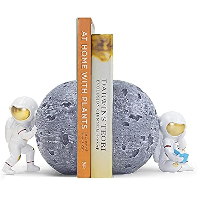 Heavy Duty Astronaut Bookends, Space-Themed Book Ends for Kids Room & Nursery Decor, Gray Moon Book Stoppers to Hold Books, Decorative Bookends for Shelves, Ideal for Boys and Girls