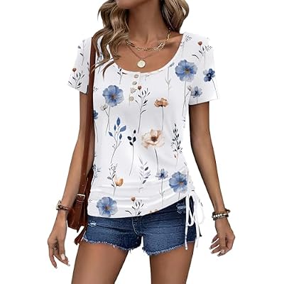 Womens Tops Short Sleeve Summer Henley Shirts Scoop Neck Ruched Blouses Dressy Casual Tunic Tops