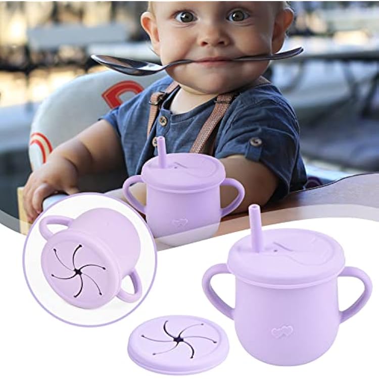 Baby Cup with Straw, Food Grade Silicone Training Cup for Baby, Childrens Snack Cups, Double Ear Handles With Baby Straw Cups and Spout Lid, EasyGrip Straw Cup for Drinking, 4.5X4.1in 150ml