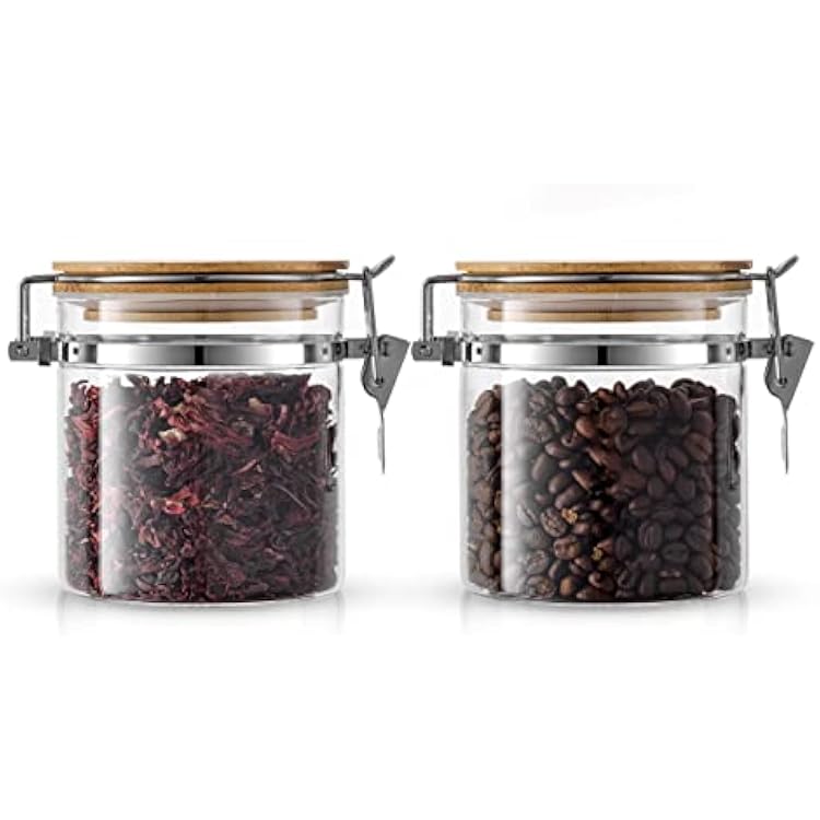 JoyJolt Glass Jars With Bamboo Lids 12 fl oz. 2PC Set of Airtight Storage Jars with Clamp Lids for Pantry Food Storage. Air Tight Sealable Glass Canisters Containers for Kitchen Organization