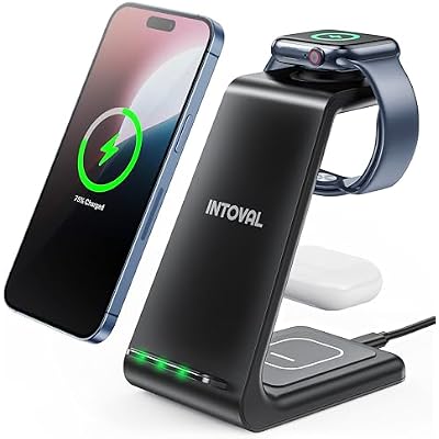 Intoval 3 in 1 Wireless Charging Station for iPhone and Apple Watch,Fast Wireless Charger Stand,Compact Desk Charging Dock for iPhone17 16 15 14 13ProMax, iWatch11 10 9 UltraSE 33,AirPods
