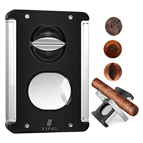 XIFEI Cigar Cutter V-Cut Guillotine,4 in 1 Straight Cut V Cutter with Cigar Punch Cigar Holder Stainless Steel Blade Ergonomic Design with Secure-Lock 60 RG Cigar Accessories Black