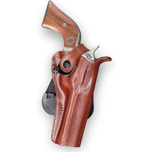 Masc Premium Leather OWB Paddle Holster with Retention Strap, Fits SAA Single Action 357 Magnum 3-34, 4-34, 5-12, RH Draw Brown Color