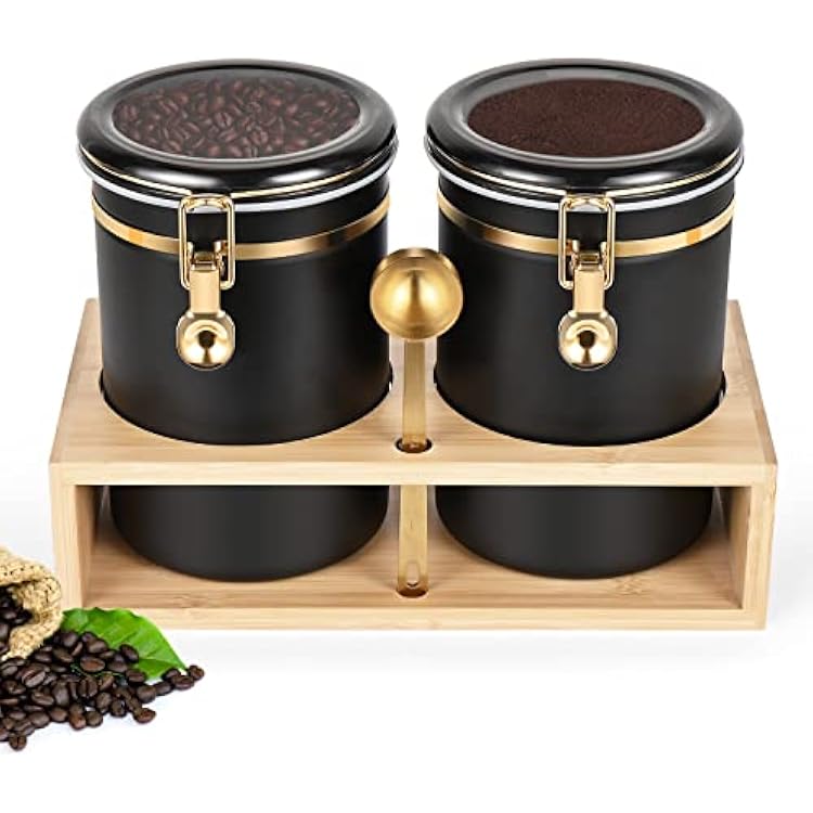 Yangbaga 304 Stainless Steel Coffee Canisters for Ground Coffee,2 x 63OZ Coffee Container with Shelf Coffee Bean Storage, Food Storage Jar with Gold Airtight Locking Clamp and Spoon for Kitchen
