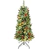 4ft Prelit Artificial Small Christmas Tree with Warm White Multi-Color LED Lights, Timer Battery Operated, Stand Red Berries & Pine Cone Slim Pencil Decoration for Indoor/Outdoor