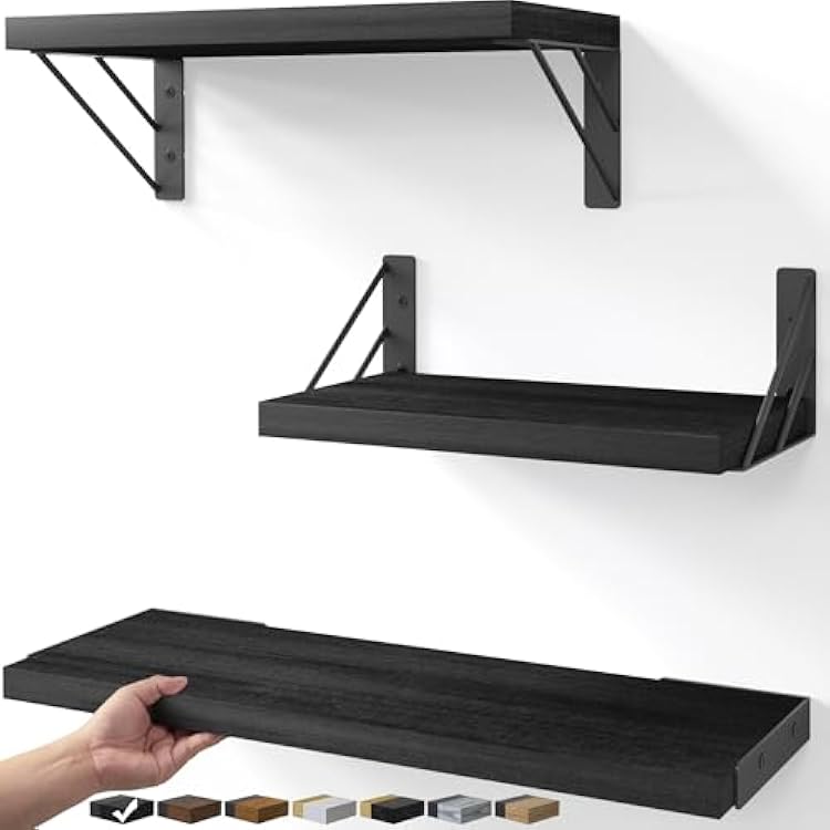 BAYKA Wall Mounted Floating Shelves, Wood Floating Wall Shelf for Books & Decor, Small Space-Saving Display & OrganizerBlack,Set of 3