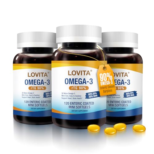 LOVITA Omega-3 Fish Oil 2000mg Supplement for Men and Women, 360 Mini Softgels, High Absorption rTG with EPA & DHA, Burpless Enteric-Coated, Non-GMO, Supports Heart Brain Eye Health, 90 Day Supply