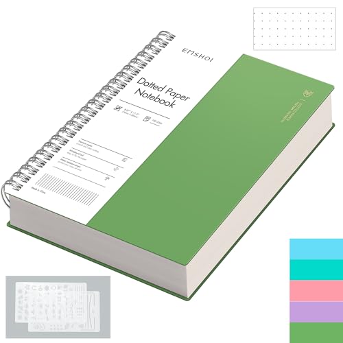 EMSHOI Dotted Journal Spiral Notebook, 300 Pages, A4 Large 8.27x11.2, 100 GSM Thick Paper, Flexible Plastic Cover, 5mm Dot Grid Notebook for Journaling, Planning, Drawing, Writing, Green