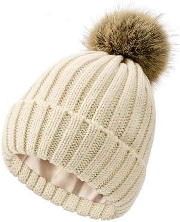 Satin Lined Beanie for Women Knit Winter Hats Silk Lined Womens Beanie with Detachable Pom Pom