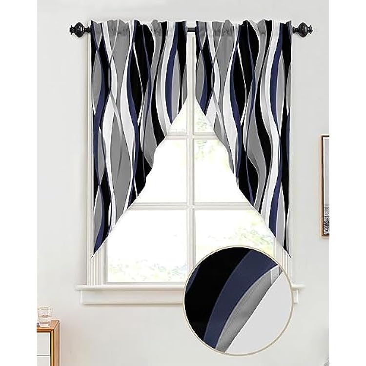Swag Valance Curtains 3D Abstract Navy Blue Gradient Lines Rode Pocket Swag Kitchen Valance Short Swag Topper for Living Room Bedroom Small Curtains Decorative Window Toppers 28x36inx2