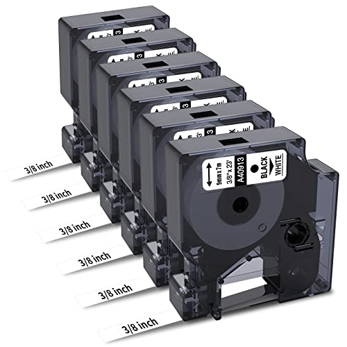 6-Pack Compatible Dymo 41913 40913 38 Inch D1 Label Tape Black on White 9mm Refills S0720680 for DYMO LabelManager 160 280 360D Label Maker COLORPOP, 23Ft