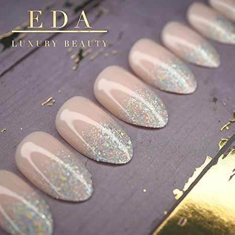 NUDE PINK SILVER GLITTER FRENCH LUXE DESIGN Full Cover Acrylic Press On Nails Artificial Gel Nail Art Tips False Nails Medium Long Oval Round Almond Stiletto Super Fashion Fake Nails