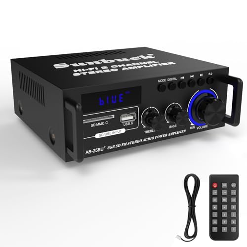 Sunbuck Small Stereo Amplifier, Stereo Receiver with Bluetooth, OpticalCoaxial Jacks for TVCDDVDLPPC, Support 192kHz Audio, Max 300Wx2 Power, Home Audio System, Receiver for Speakers, AS-25BU