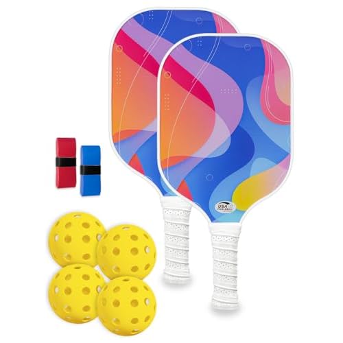 Pickleball Paddles Set of 2 with 4 Balls - USAPA Approved Fiberglass Surface, Lightweight, Non-Slip Grip - Premium Paddle Set for All Skill Levels Indoor & Outdoor