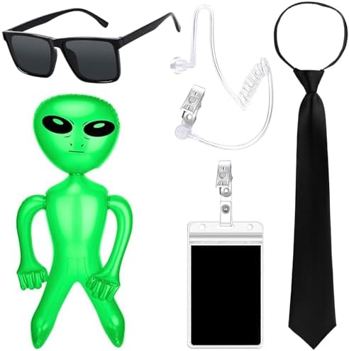 5 Pcs Halloween Agent Alien Costume Include Black Sunglasses Tie Badge and Fake Earpiece and Alien Prop for Men Women Halloween Cosplay