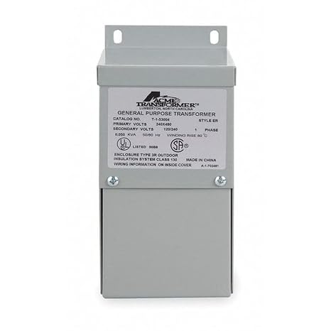 Acme Electric T253011S Dry-Type Distribution Transformer, 1 Phase, 1.50 kVA, 60 Hz, 240 x 480 Primary Volts, 4 Windings, Wall Mount, Steel, Gray