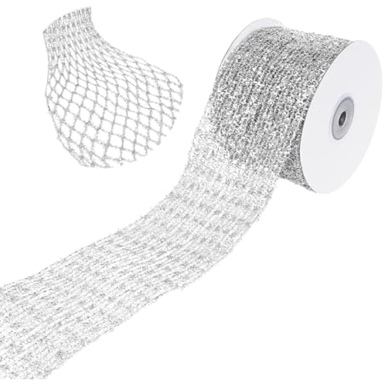 1PCS Silver Metallic Mesh Ribbon 2.75In x 5Yard Glitter Wired Ribbon Stretchable Wide 2.5In to 7In for Christmas Tree Wreath Gift Wrapping Bow DIY CraftsSilver