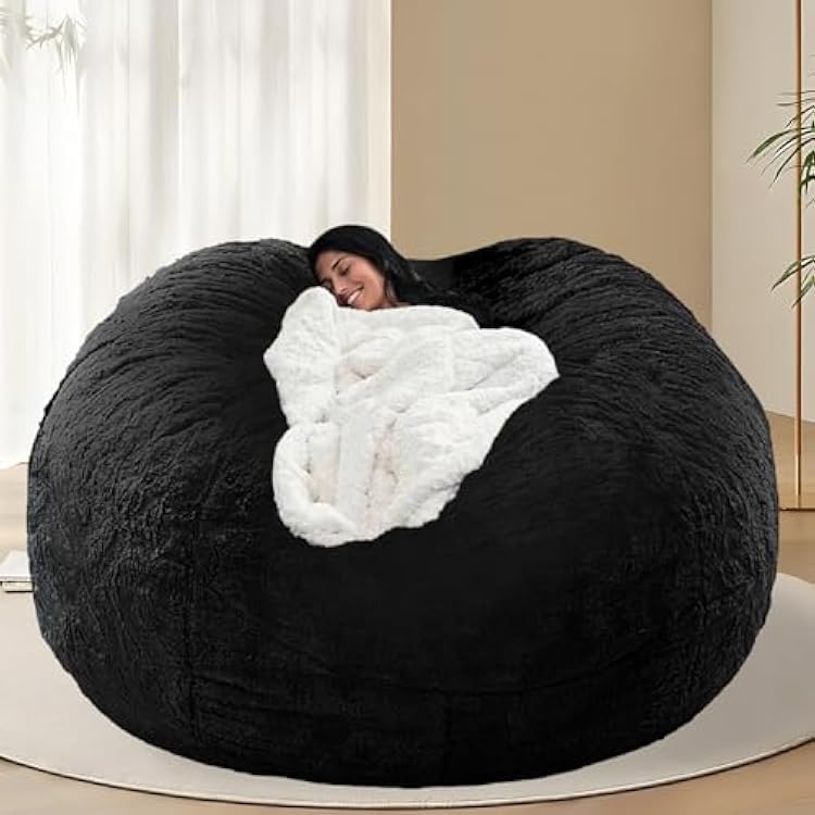 BCU 7FT Big Bean Bag for Adults Kids with 5LBS Filling Big Joe Bean Bag Chair Cover for Stuffed Animal Storage, Black