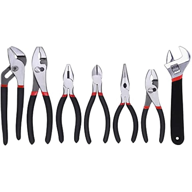 FASTPRO 7-Piece Utility Pliers and Wrench Set, Includes 8 Adjustable Wrench, 8 Groove Joint, 8 & 6 Slip Joint, 6 Long Nose, 6 Diagonal and 6 Linesman Pliers, Dipped Handle