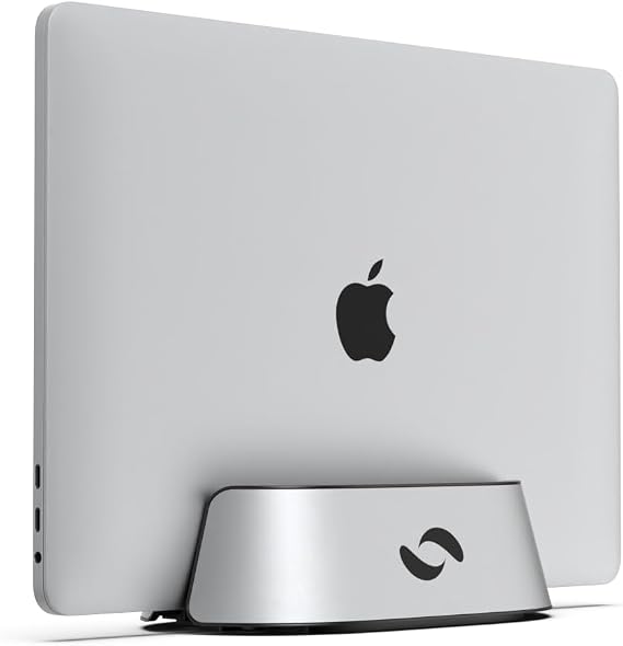 HumanCentric Vertical Laptop Stand in Silver Aluminum, Adjustable | Upright Holder & Dock, Fits MacBook Pro & Laptops .5" to 1.5", Clamshell Compatible, Laptop Vertical Stand