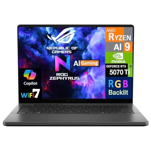 ASUS ROG Zephyrus G14 AI Gaming Laptop 14.0 120Hz 2.8K Display AMD Ryzen AI 9 HX 370, GeForce RTXTM 5070 Ti 12GB, 32GB LPDDR5X, 4TB PCIe SSD, RGB KB, WiFi 7, Webcam, Bluetooth 5.4, Win 11 Pro