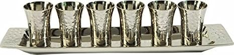 EMANUEL Yair Set of 6 Kiddush Cups with Tray - Nickel Hammer work Silver