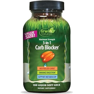Irwin Naturals Maximum Strength 3-in-1 Carb Blocker - Neutralize Carbohydrates, Aids Digestion and Metabolism Booster - White Kidney Bean Extract  Chromium  Enzyme Blend - 150 Liquid Soft-Gels