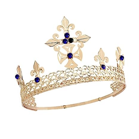 Vintage Crystal Queen King Crown Princess Tiara Wedding Prom Headband For Women Elegant Headband Bridal Wedding Prom Birthday Party (Gold Blue)