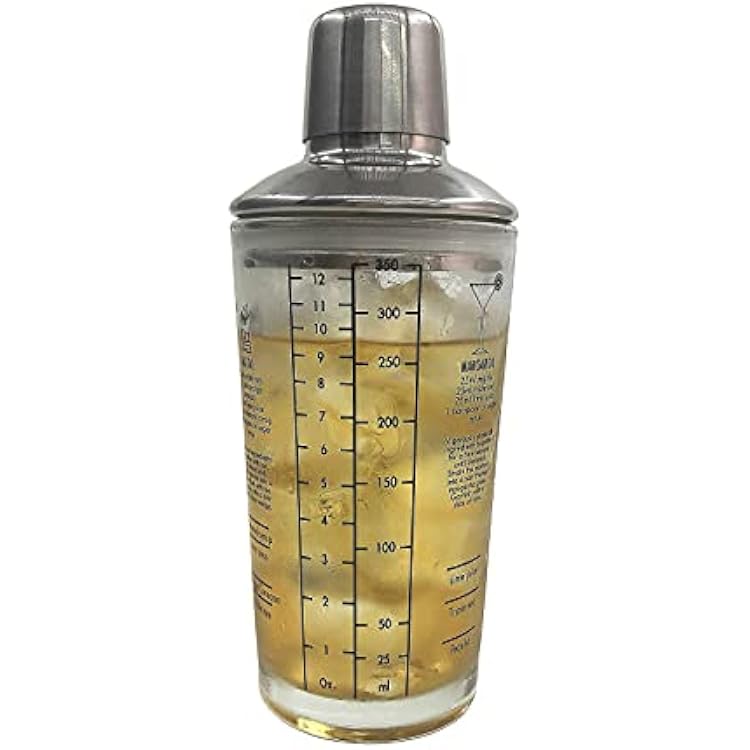 Cocktail Shaker, 12oz Glass Martini Shaker, Recipes Measured Mixing Stainless Steel Top Cobbler Shaker