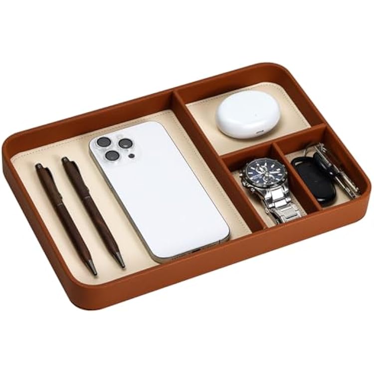 Buqoo PU Valet Tray for Nightstand & Desk Multipurpose EDC Catchall Organizer for Phones, Watches, Keys & Accessories, Brown