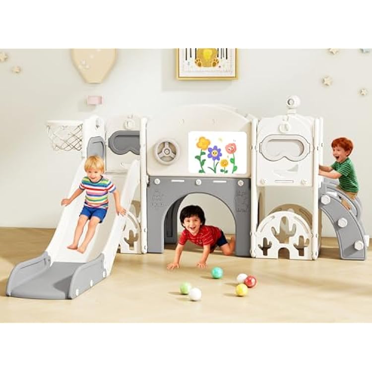 11-in-1 Toddler Slide Playset,Indoor Playground for Kids 1-3 and Toddler Outdoor playset with Golf Set Drawing Set Basketball Hoop, Playground Easy Assembly Bear Theme
