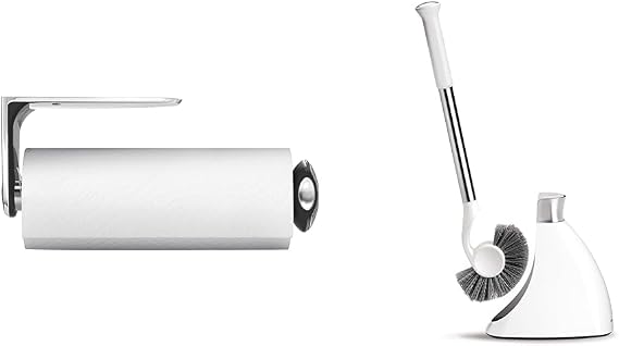 simplehuman Wall Mount Paper Towel Holder, Stainless Steel & Toilet Brush with Caddy, Stainless Steel, White