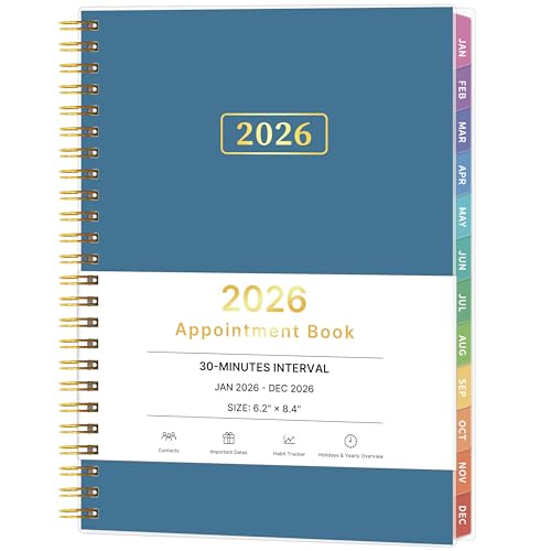 2026 Appointment Book, 30 Minutes-Hourly, Weekly & Monthly Calendar Planner 2026, Jan 2026 - Dec 2026, 6.2 x 8.4, 2026 Daily Planner with Tabs &Pocket, Flexible Cover, Great for Office, Home, School