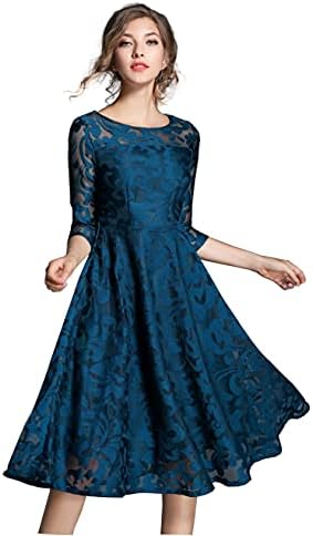 Womens Formal Dress Slim Waist Knee Length Round Collar Elegant Lady Midi Lace Dress for Workwear Dark Blue