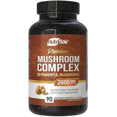 NutriFlair Mushroom Supplement 2600mg, 90 Capsules - 10 Mushrooms Blend - Reishi, Lions Mane, Cordyceps, Chaga, Turkey Tail, Maitake, Shiitake, Oyster Nootropic Formula - Brain, Energy, Focus Pills