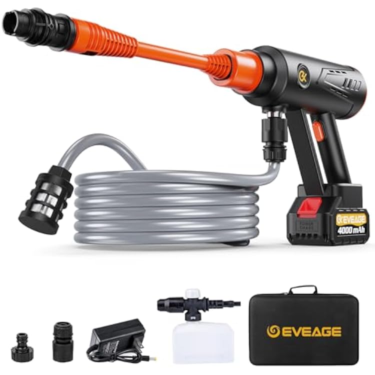 EVEAGE Q7 Cordless Power Pressure Washer, MAX 1000PSI, 2.5GPM Adjustment Portable Power Cleaner, Rechargeable Battery Powered Handheld High-Pressure Washer Gun for Car, HomeFloor Cleaning