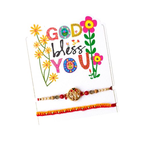 Blessings Rakhi Set of 2 God Bless You Message Card with Tree of Life & Beaded Lace Raksha Bandhan Set
