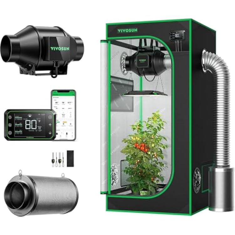 VIVOSUN S224 2x2 Grow Tent, AeroZesh G4 Inline Duct Fan, Quiet 4 195 CFM Ventilation Exhaust Fan wEC Motor and GrowHub E42A, 4 Inch Air Carbon Filter Smelliness Control