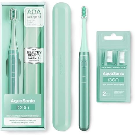 Aquasonic Icon Toothbrush and Replacement Brush Heads Bundle (Mint)