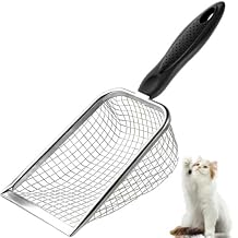 Cat Litter Scoop - Long Handle Scooper, Rustproof Stainless Steel Mesh, Non-Slip Grip, Deep Shovel Sifter for All Litter Types, Easy Clean Kitty Waste Litter for Litter Box(Black)