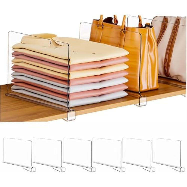 Clear Acrylic Shelf Dividers for Closet Organization - 6 Pack Closet Shelf Divider for Sweatshirt,Towel,Bag,Purse,Clothing,Sweater Organizer,Plastic Dividers and Separators for Shelves and Bedroom