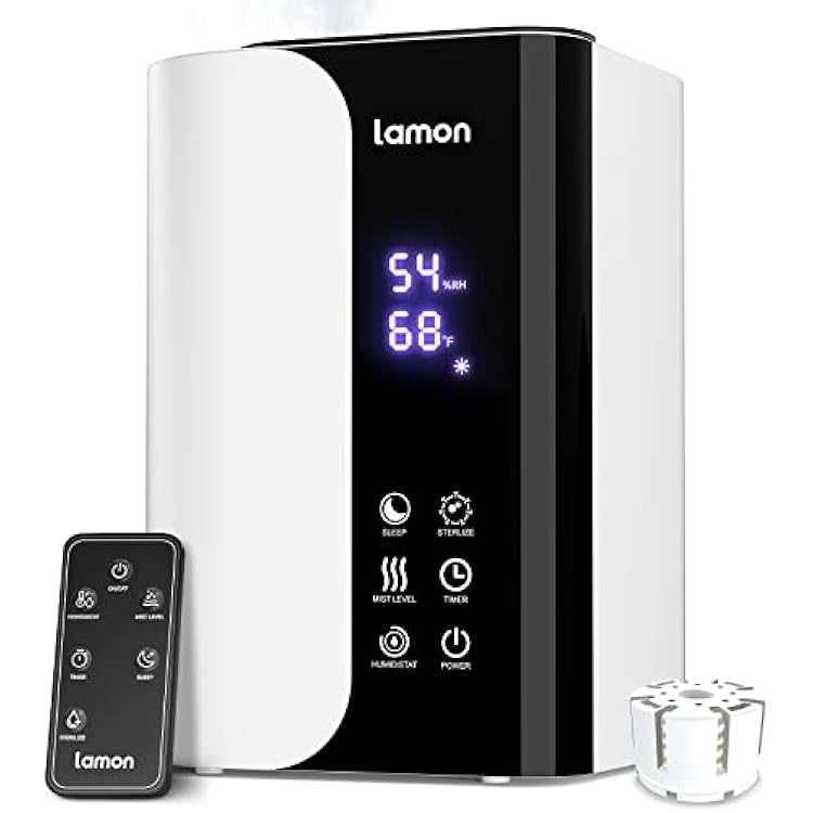 Lamon Humidifiers for Bedroom, 5L UV Cool Mist Top Fill Oil Essential Diffuser Ultrasonic Air Auto Humidity Large Tank & Filter for Home Baby Room, white LH-03