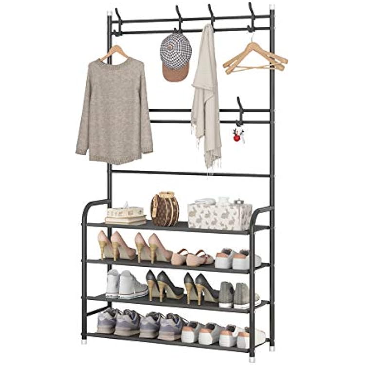 UDEAR Entryway Coat Rack,3-in-1 Hall Tree Multifunctional Storage Shelf with 4-Tier Shoe Bench and 8 Hooks,16-20 Pairs of Shoes,Easy Assembly,for Entrance Foyer Bedroom Barthroom,Black