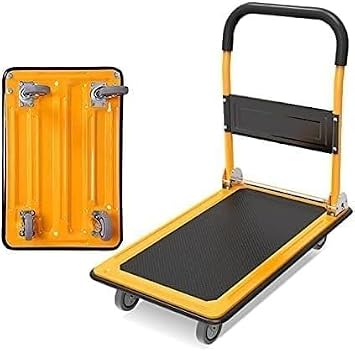 Folding Trolley Metal Four-Wheeled Mobile Trolley Flatbed Trolley Heavy-Duty Flatbed Trolley Load 300pounds(Yellow)