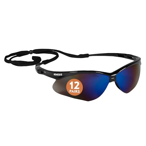 KleenGuardTM V30 NemesisTM Safety Glasses 14481, Blue Lenses with Mirror coating, Black Frame, Unisex Eyewear for Men and Women 12 PairsCase
