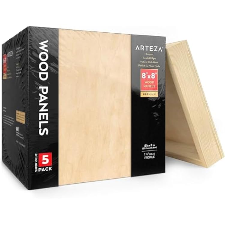 Arteza Wooden Canvas Board, 8x8 Inch, Pack of 5, Birch Wood, Cradled Artist Wood Panels for Painting, Encaustic Art, Wood Burning, Pouring, Use with Oils, Acrylics