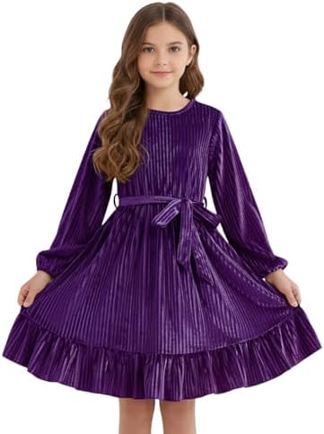 WISREMT Girls Long Sleeve Dress for Thanksgiving Christmas Teens Fall Winter Velvet Special Occasion Dress for Party Birthday